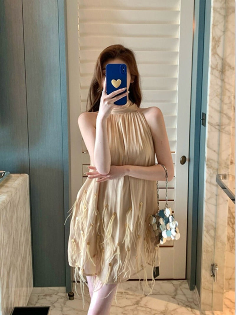 Champagne Halter Pleated Fringe A-Line Mini Dress Main image