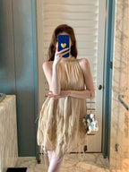 Champagne Halter Pleated Fringe A-Line Mini Dress