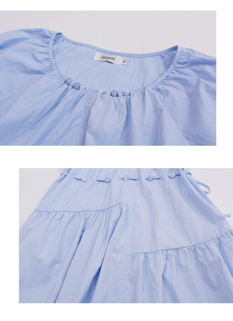 Gathered Round Neck Puff Sleeve Tie Waist Tiered Maxi Dress