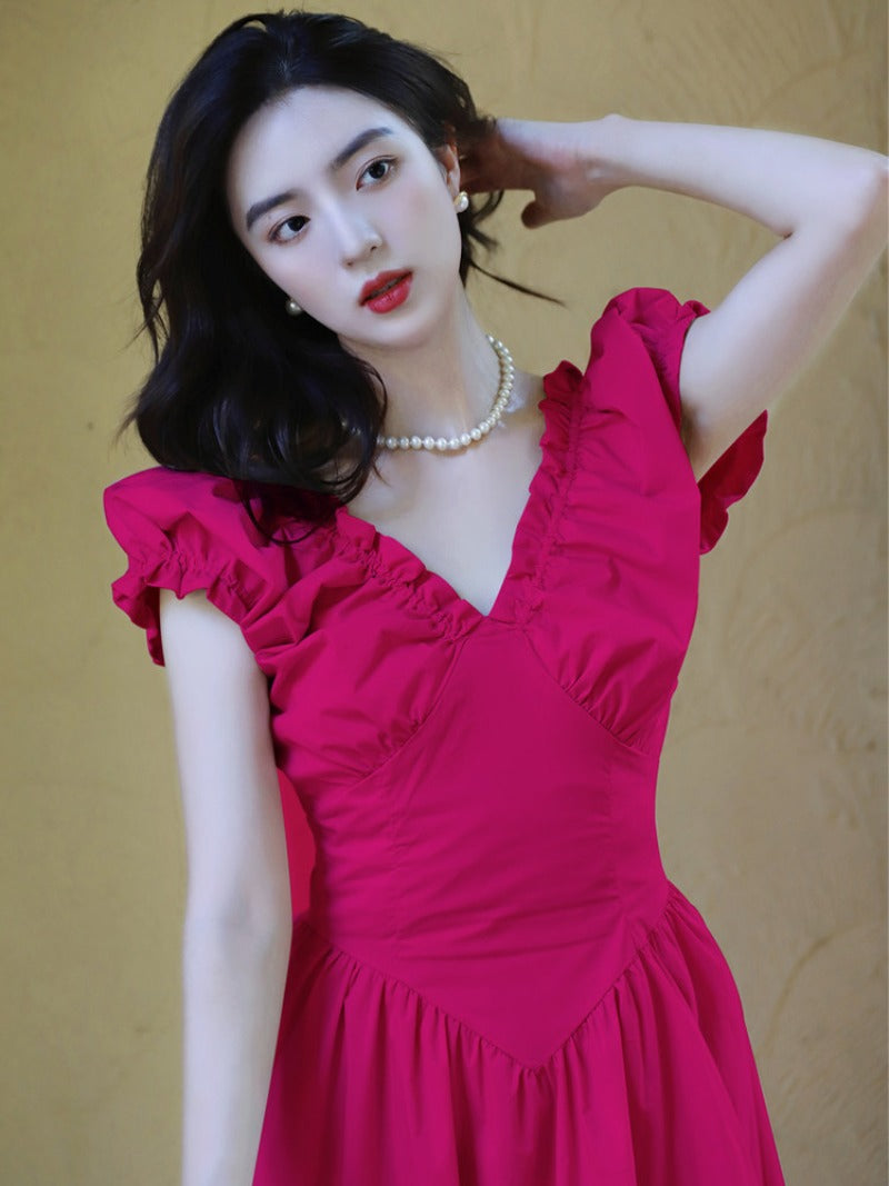 Pink/Black V Neck Ruffle Sleeve Midi Dress
