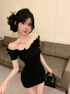 Burgundy/Black Off Shoulder Ruffle Bodycon Mini Dress