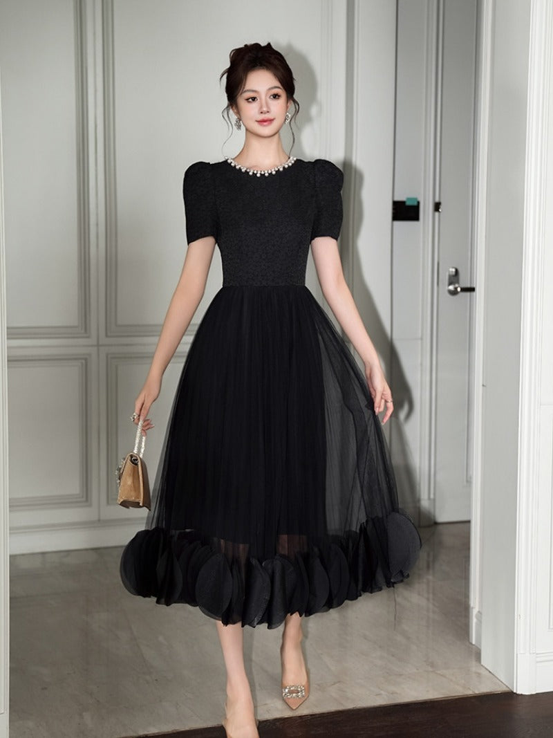 Black Pearl-Trim Lace Puff Sleeve Fit-and-Flare Midi Dress