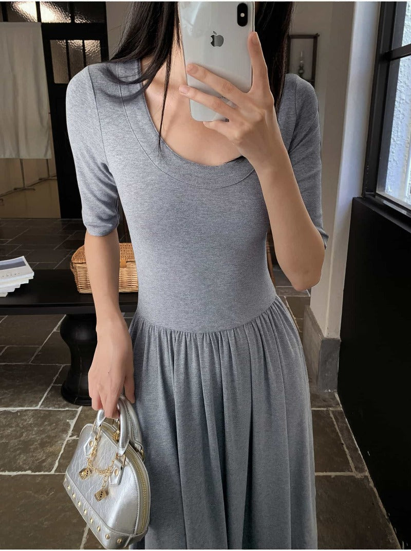 Gray U Neck Fit and Flare Maxi Dress