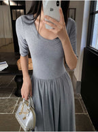 Gray U Neck Fit and Flare Maxi Dress