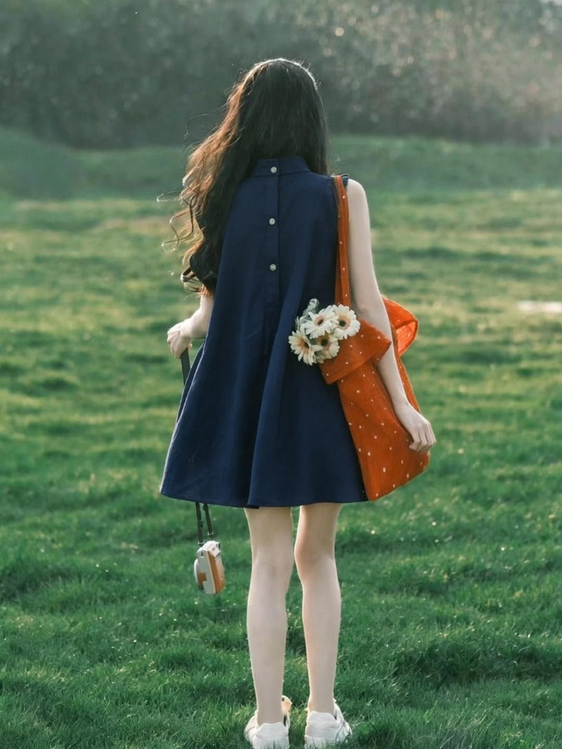 Navy Blue High Neck Button Back A-Line Mini Dress