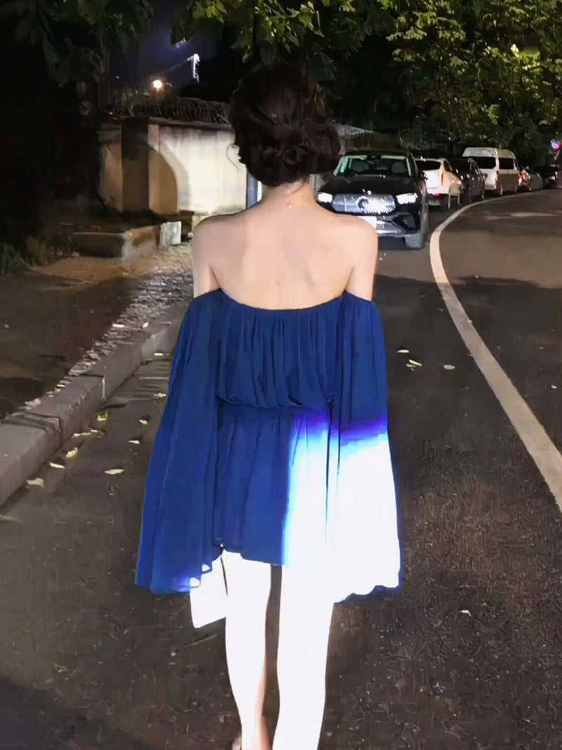 Blue Off Shoulder Cape Sleeve Tie Waist Mini Dress