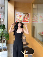 Black Backless Spaghetti Strap Tie Waist A-Line Maxi Dress