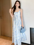 French Style Printed Tie Front Cami A-Line Maxi Dress
