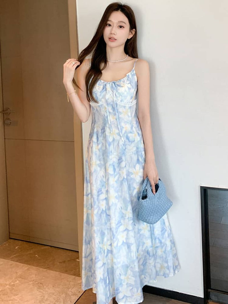 French Style Printed Tie Front Cami A-Line Maxi Dress