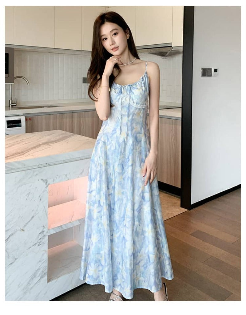 French Style Printed Tie Front Cami A-Line Maxi Dress