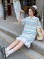 Blue Striped Lace Short Sleeve Polo Shift Mini Dress