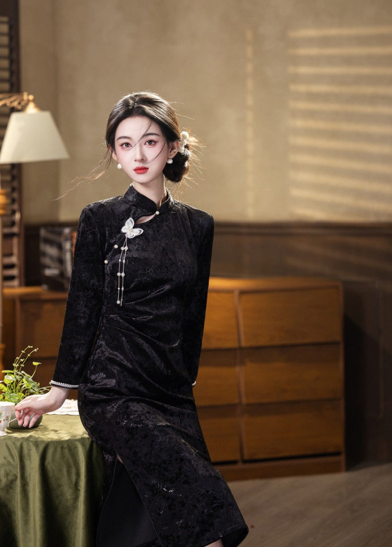 Embossed Velvet Mandarin Collar Sheath Midi Dress