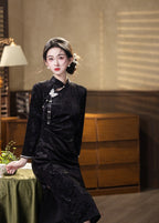 Embossed Velvet Mandarin Collar Sheath Midi Dress