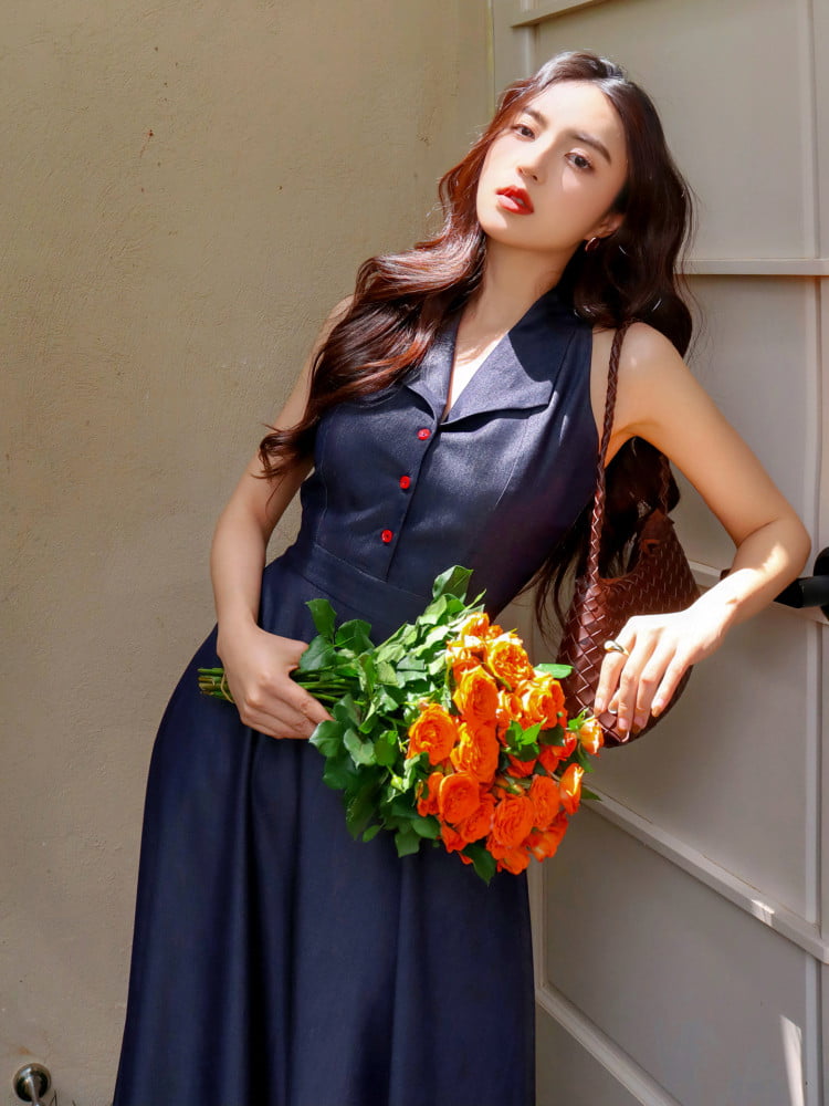 Denim Blue Collared Fit-And-Flare Midi Dress