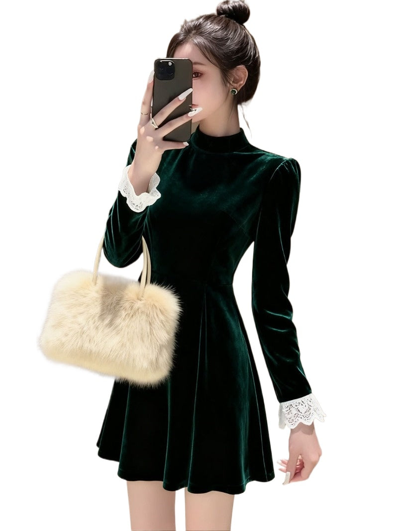 Green Velvet Lace Mock Neck A-Line Mini Dress Main image