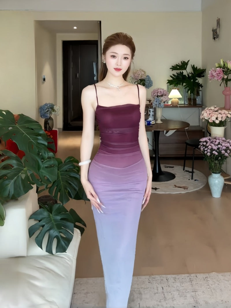 Gradient Mesh Spaghetti Strap Bodycon Maxi Dress