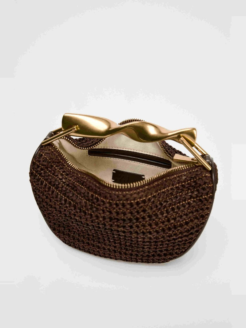 Raffia-Effect Woven Mini Bag with Metal Handle