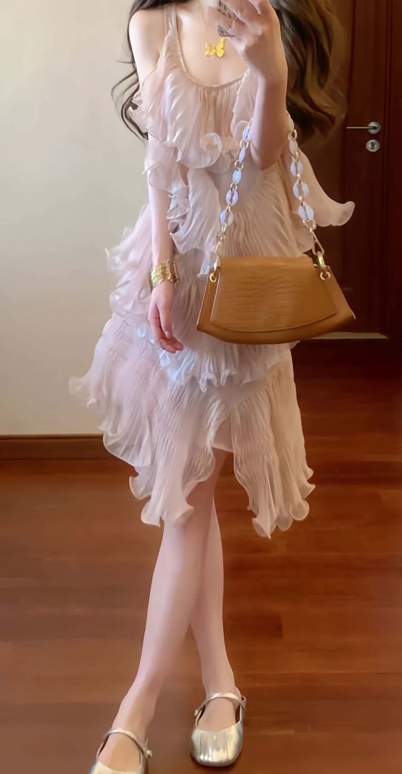 Blush Pleated Ruffle Tiered A-Line Mini Dress