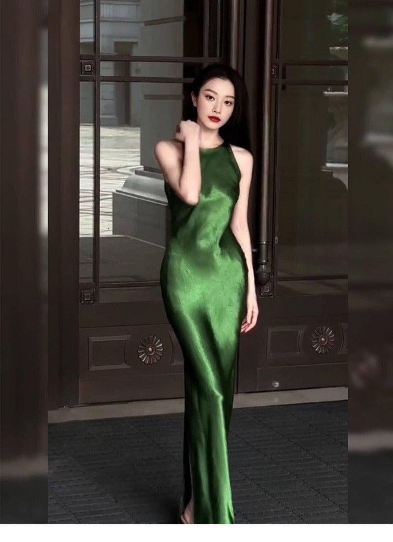 Green Satin Sleeveless Side Slit Bodycon Maxi Dress