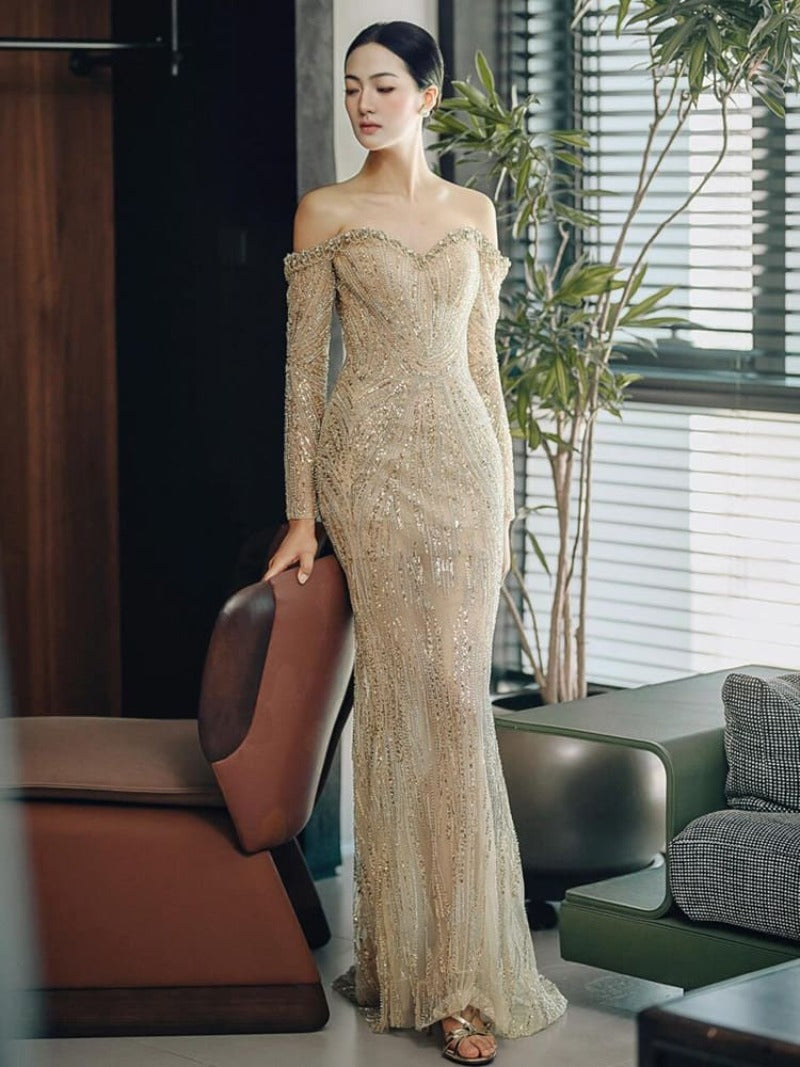Champagne Sequin Off Shoulder Mermaid Maxi Dress