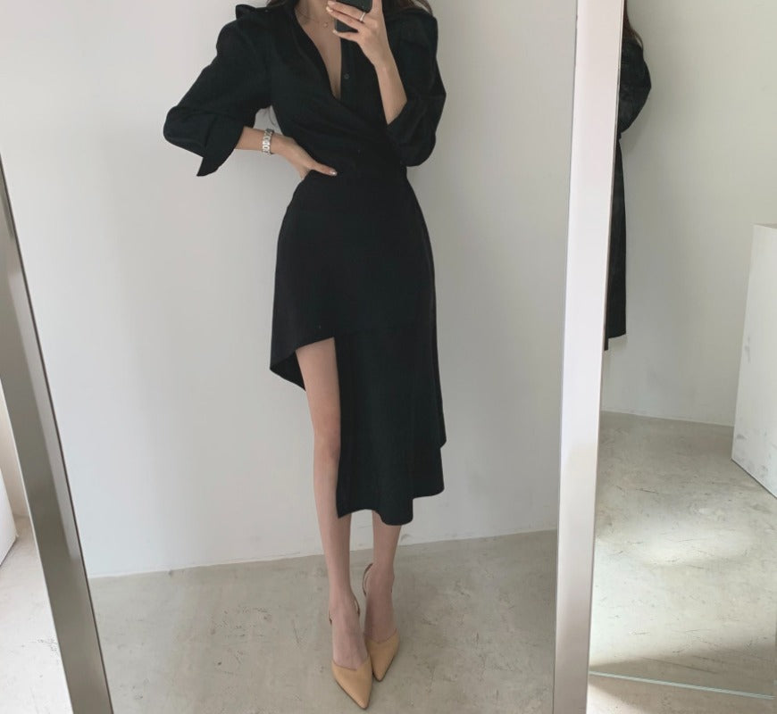 Apricot/Black Collared Wrap Asymmetric Hem Shirt Dress
