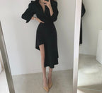 Apricot/Black Collared Wrap Asymmetric Hem Shirt Dress