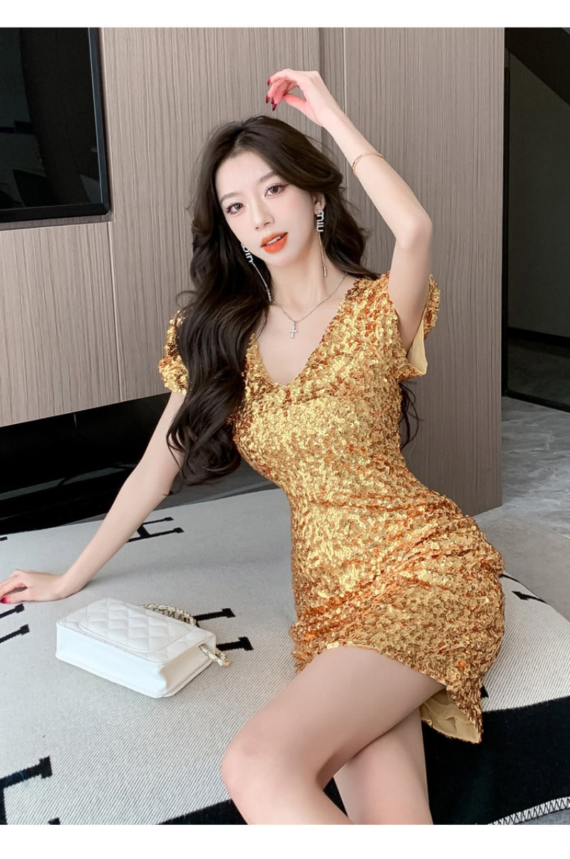 Sequin V Neck Ruched Bodycon Mini Dress Main image