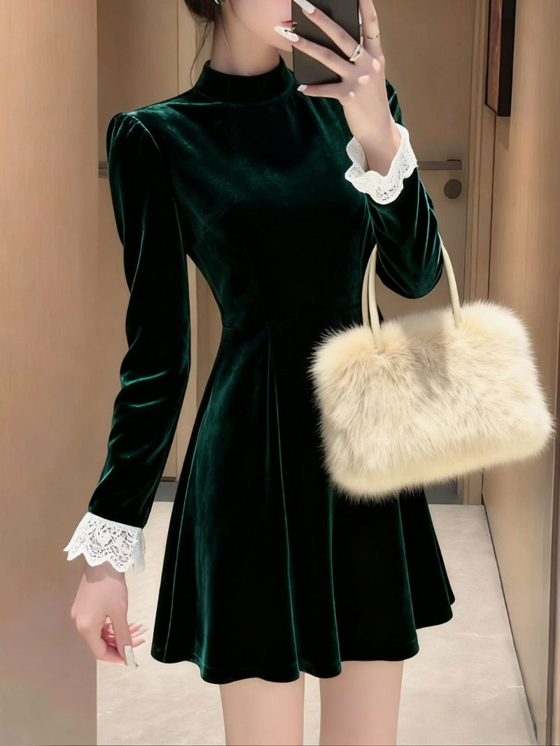 Green Velvet Lace Mock Neck A-Line Mini Dress