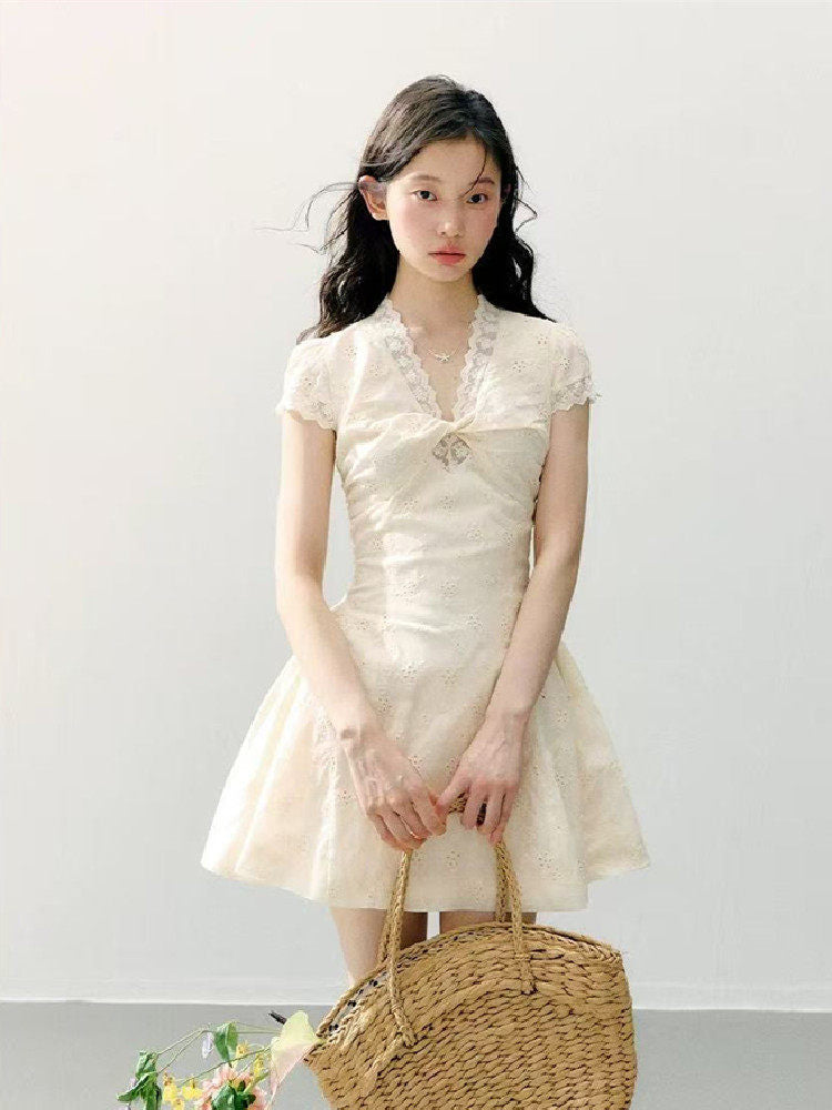 Ivory Lace Trim V Neck Puff Sleeve Fit-and-Flare Mini Dress