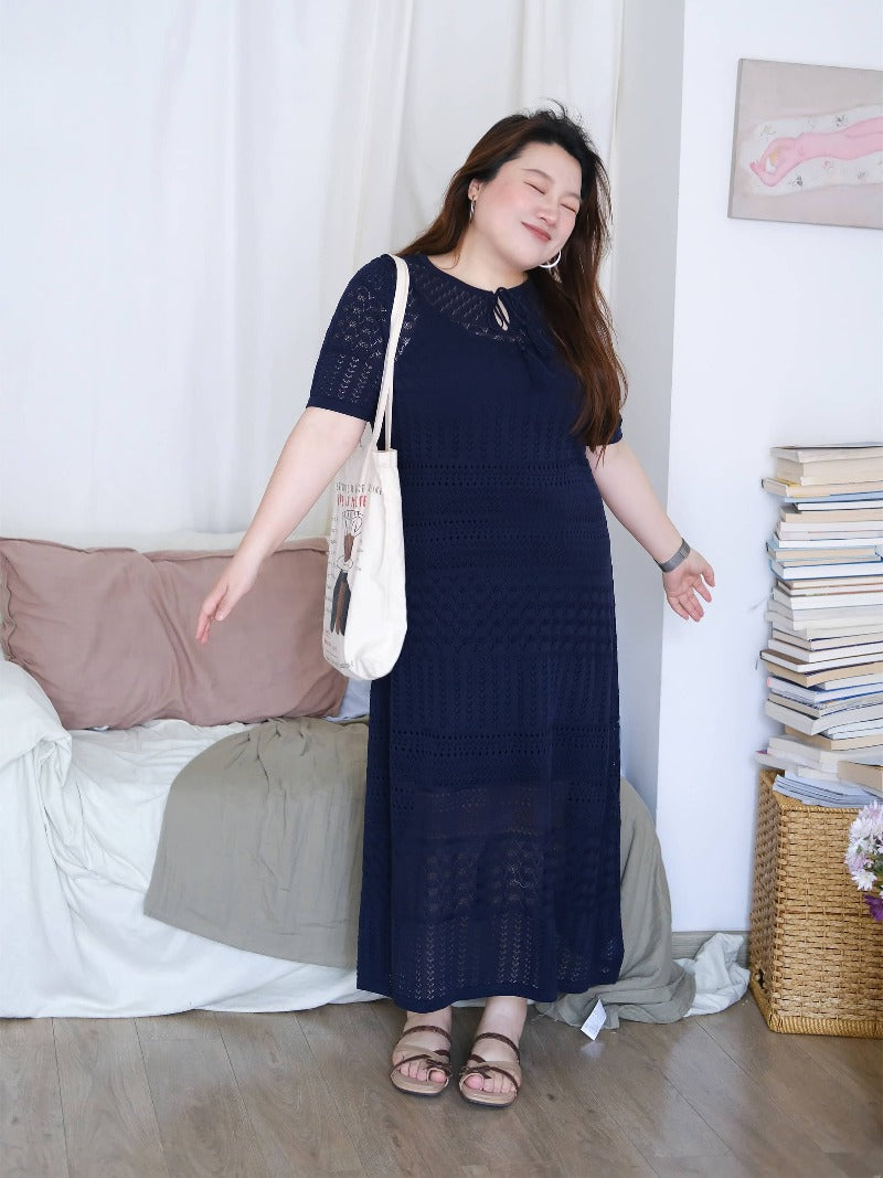 Plus Size Round Neck Short Sleeve Sheer Lace French Style Maxi Dress