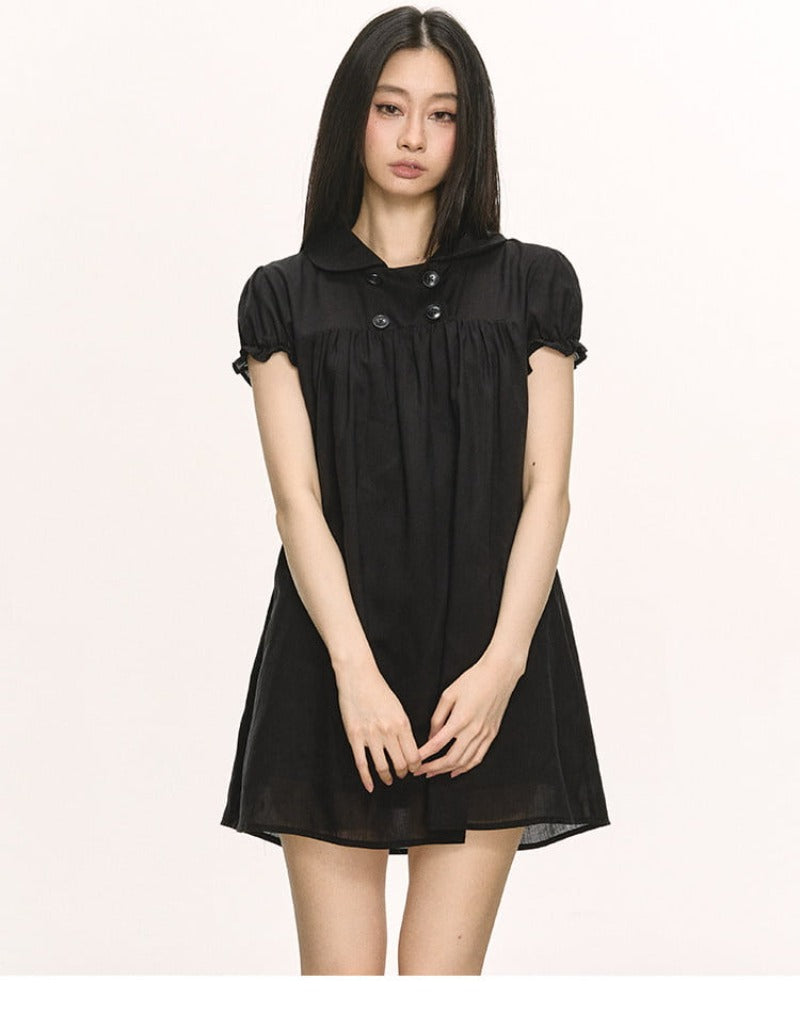 Lyocell Linen Puff Sleeve Collared Babydoll Mini Dress
