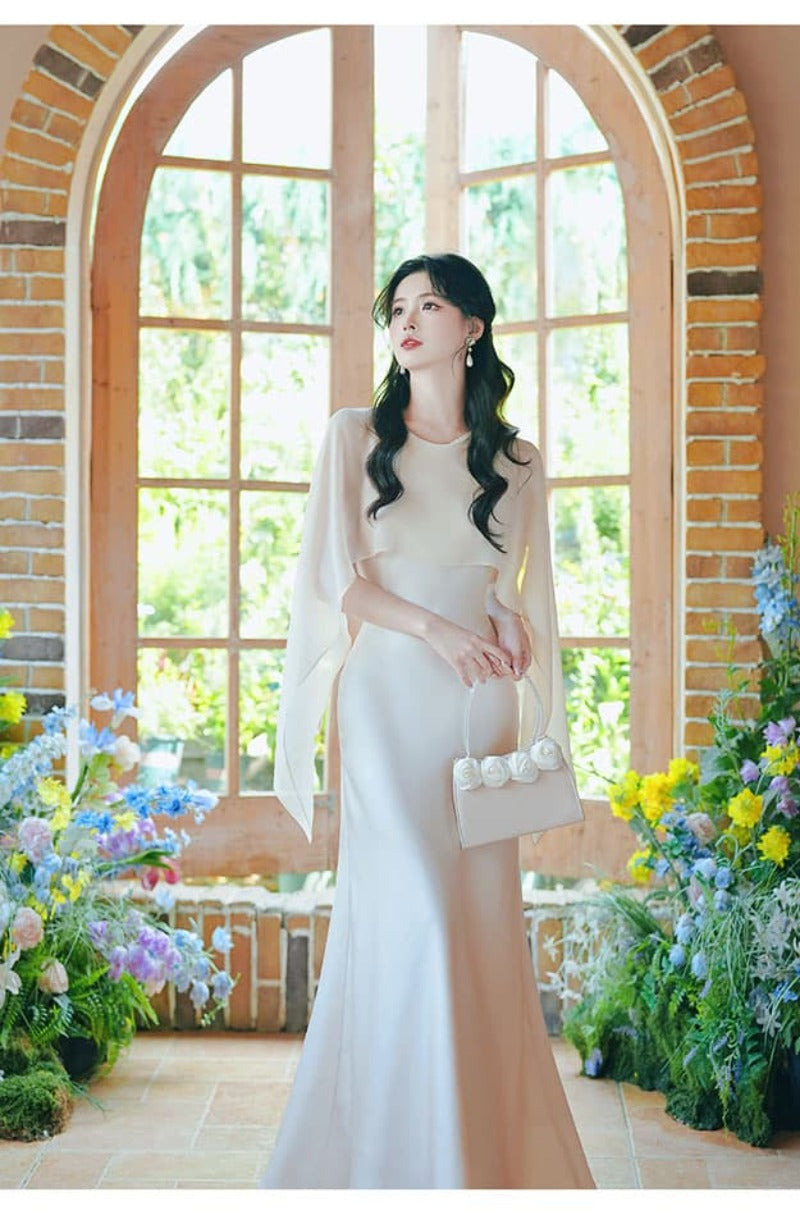 Elegant Round Neck Cape Overlay Mermaid Maxi Dress