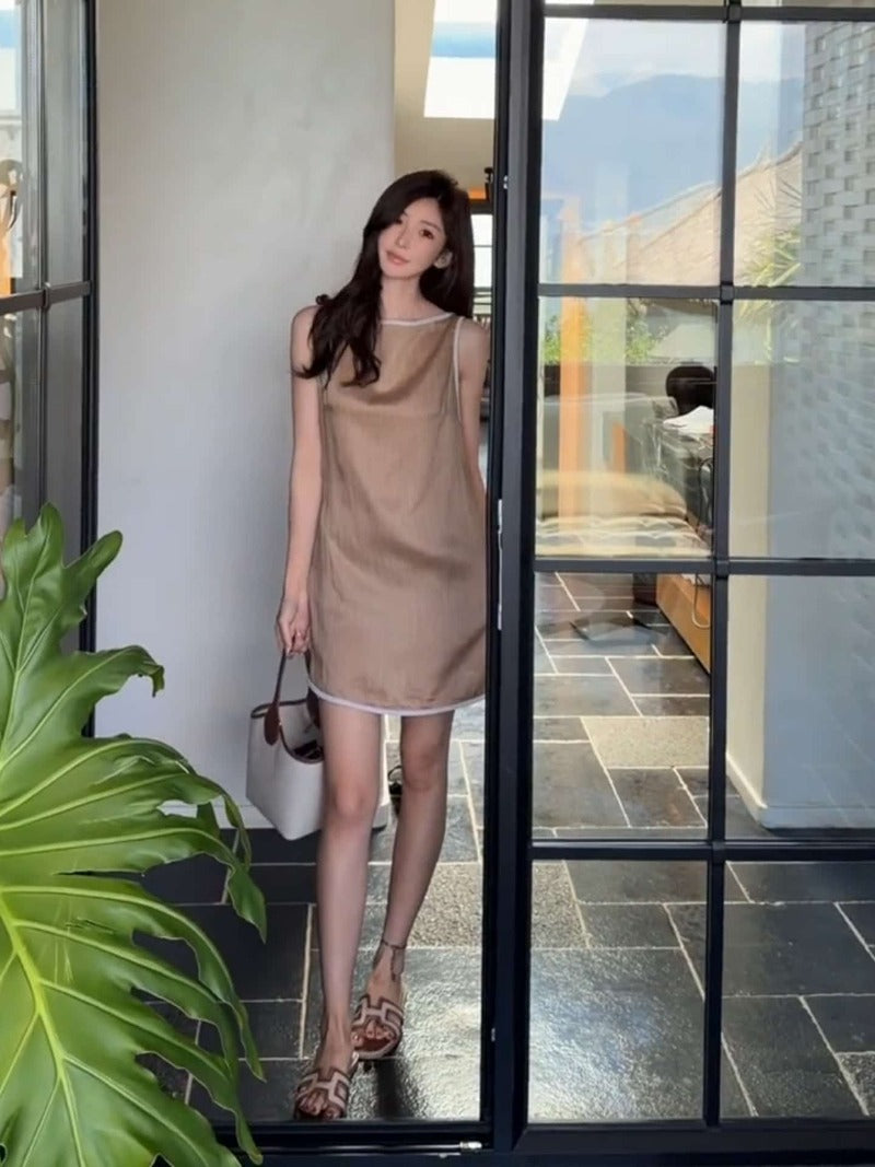 Khaki Sheer Trim Sleeveless Shift Midi Dress Main image