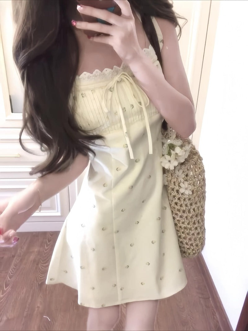 Light Yellow Bow Detail Square Neck A-Line Mini Dress Secondary image