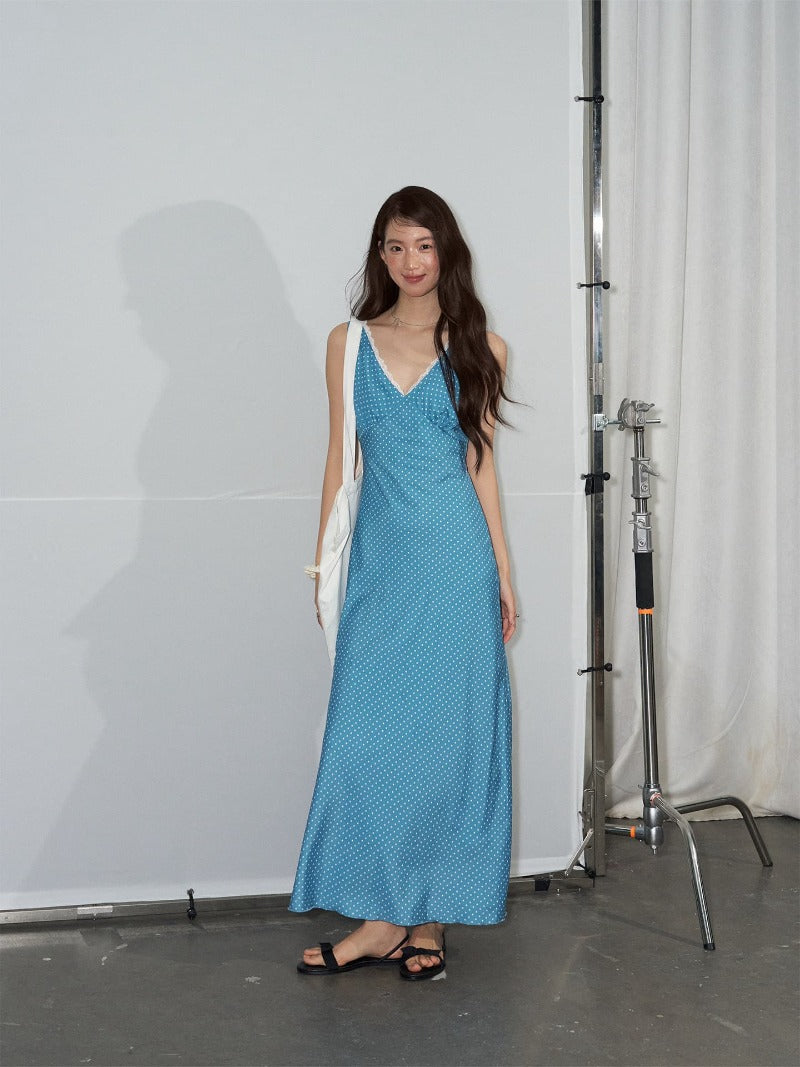 Blue Polka Dot V Neck Backless A-Line Maxi Dress