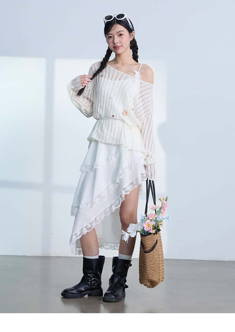 White Lace Trim Asymmetric Tiered Dress And Skirt Main image