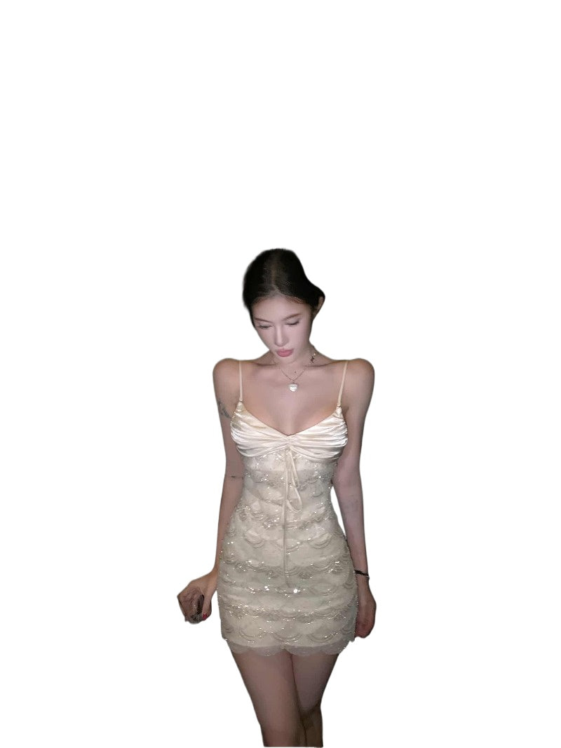 White Sultry Satin Sequin Bodycon Mini Dress