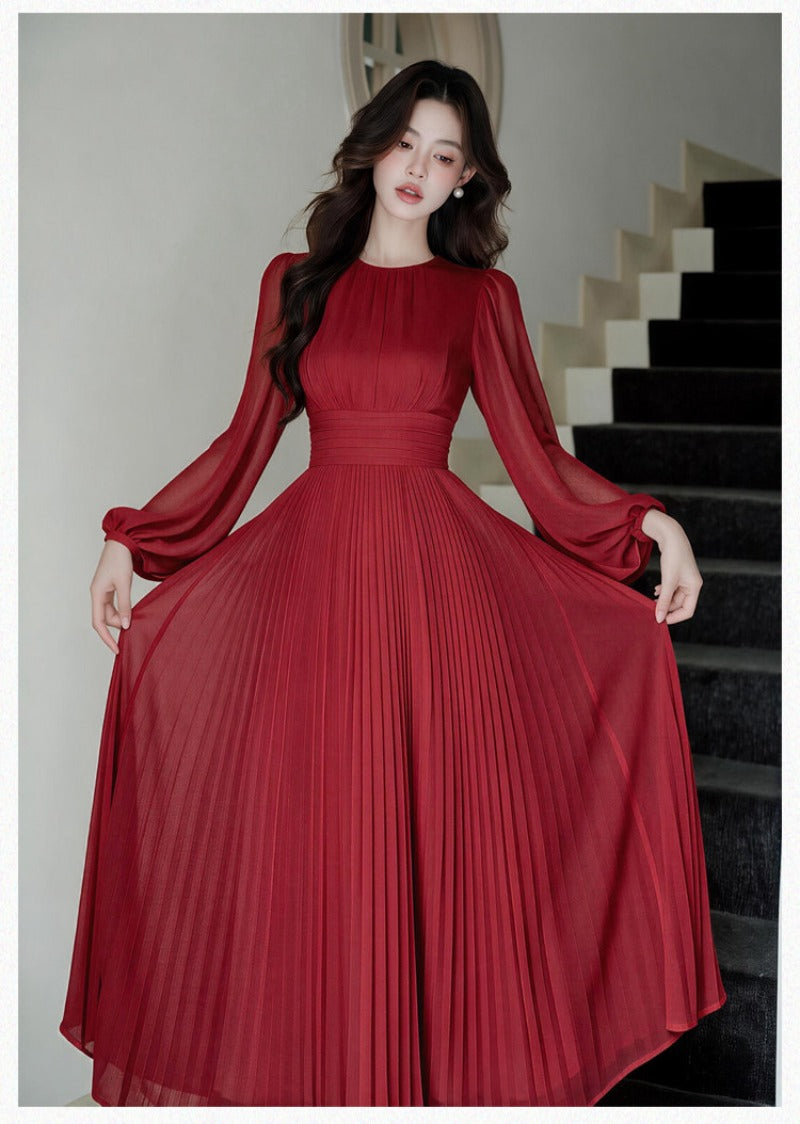 Elegant Pleated Lantern Sleeve Fit-and-Flare Maxi Dress