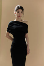 Asymmetric One Shoulder Draped Bodycon Midi Dress