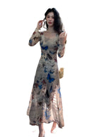 Beige Butterfly Print Square Neck Bodycon Maxi Dress
