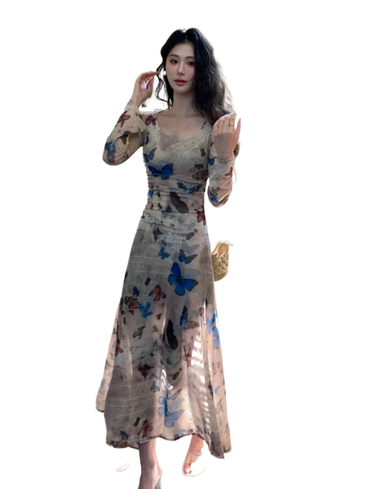 Beige Butterfly Print Square Neck Bodycon Maxi Dress