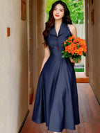 Denim Blue Collared Fit-And-Flare Midi Dress
