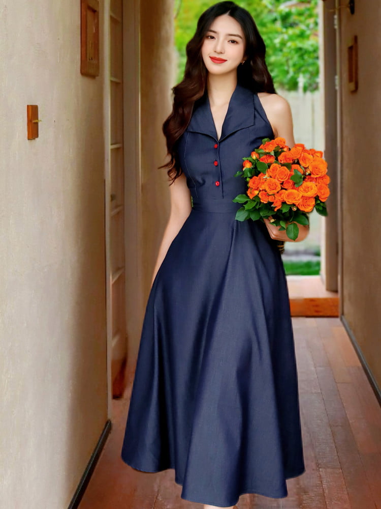 Denim Blue Collared Fit-And-Flare Midi Dress