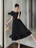 Black Pearl-Trim Lace Puff Sleeve Fit-and-Flare Midi Dress