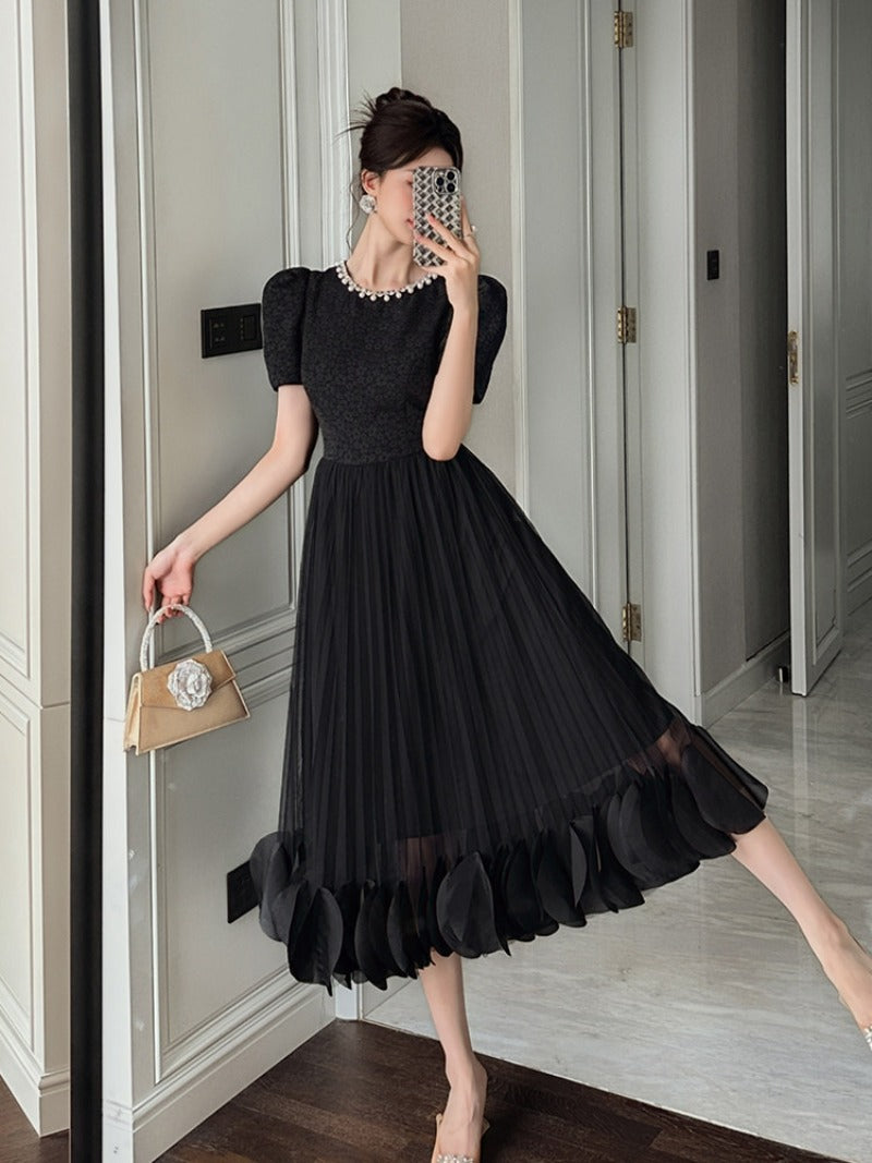 Black Pearl-Trim Lace Puff Sleeve Fit-and-Flare Midi Dress
