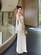 White One Shoulder Draped Fishtail Maxi Dress