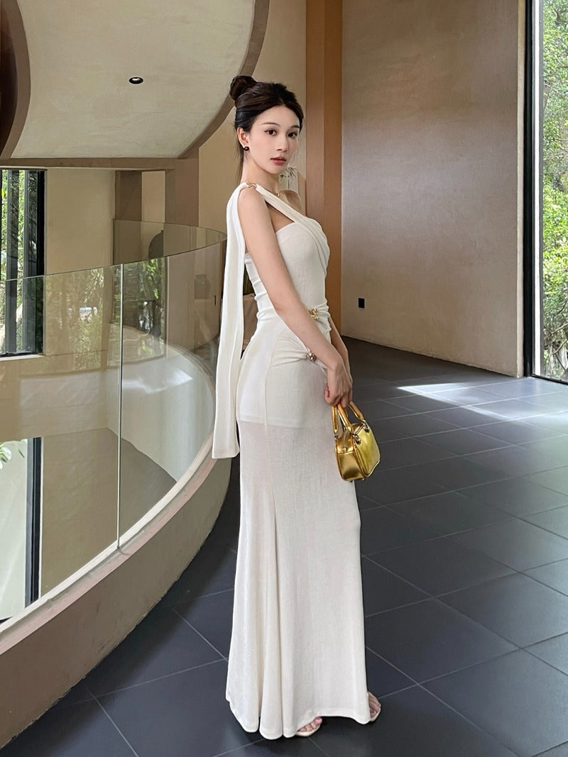 White One Shoulder Draped Fishtail Maxi Dress