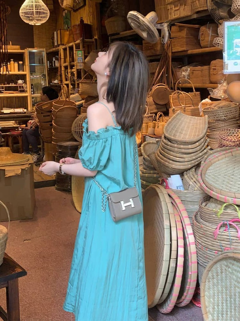 Turquoise Off-Shoulder Pleated Shift Maxi Dress