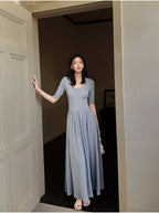 Gray U Neck Fit and Flare Maxi Dress