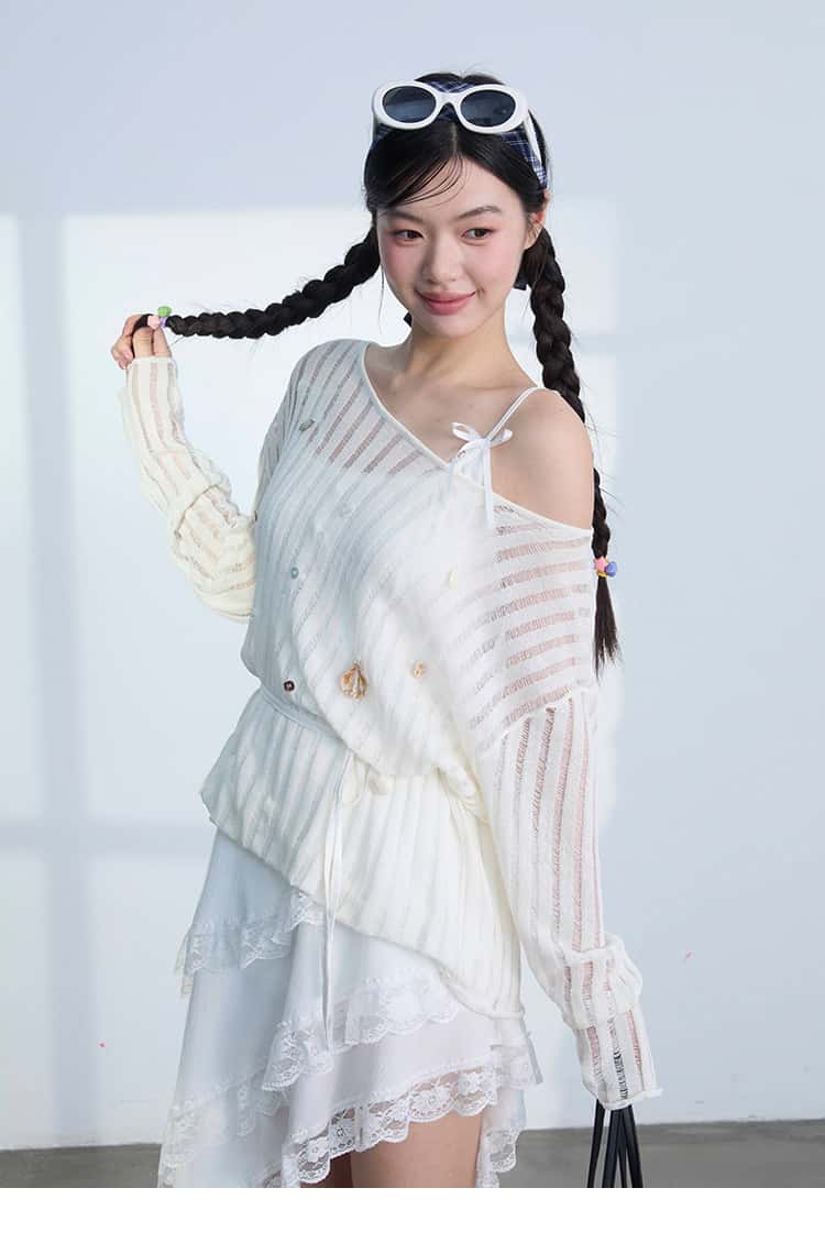 White Lace Trim Asymmetric Tiered Dress And Skirt Secondary image